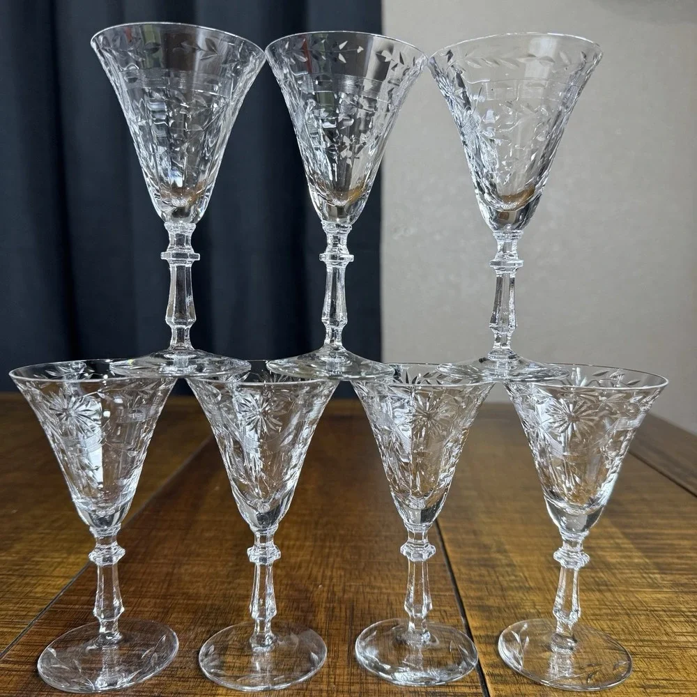 Antique American Brilliant Cut Starburst Crystal Cordial Glasses MINT Set of 7